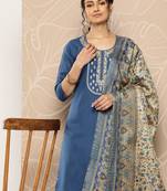 Blue floral embroidered cotton blend kurta trouser dupatta set