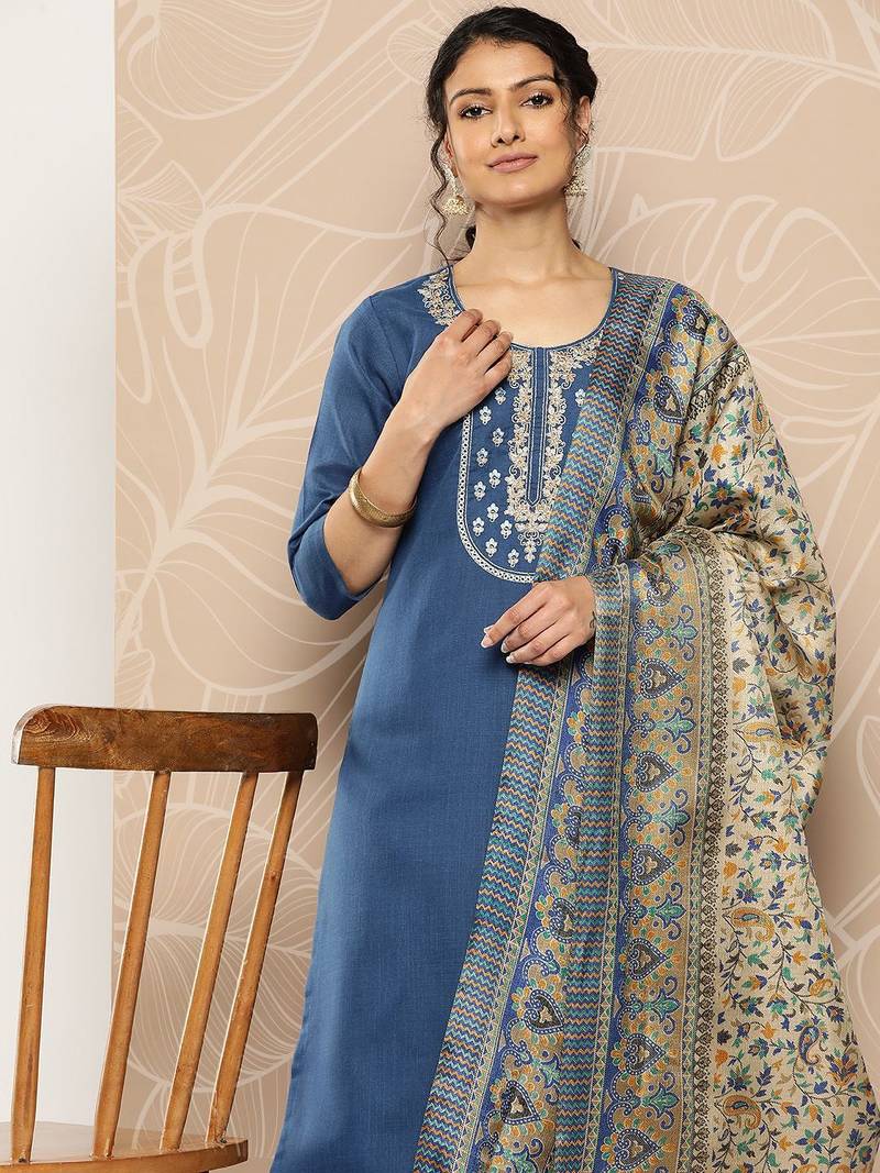 Blue floral embroidered cotton blend kurta trouser dupatta set