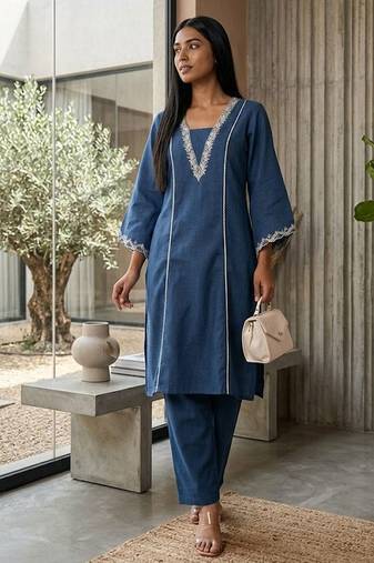 Navy blue floral embroidered cotton blend kurta trouser set