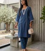 Navy blue floral embroidered cotton blend kurta trouser set