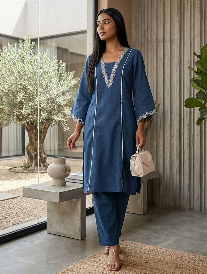 Navy blue floral embroidered cotton blend kurta trouser set