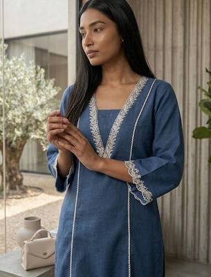 Navy blue floral embroidered cotton blend kurta trouser set 2