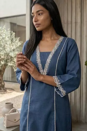 Navy blue floral embroidered cotton blend kurta trouser set
