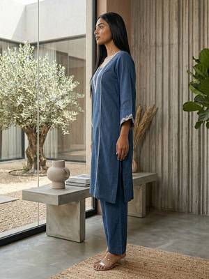 Navy blue floral embroidered cotton blend kurta trouser set 3