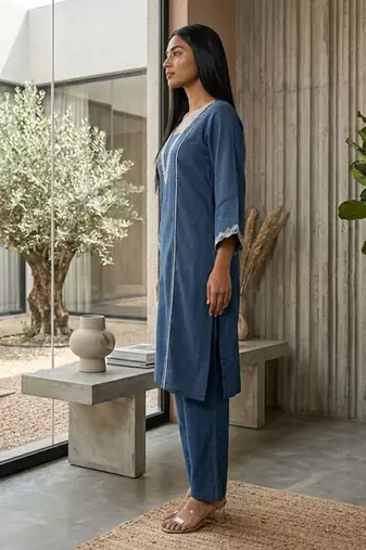 Navy blue floral embroidered cotton blend kurta trouser set