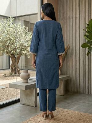 Navy blue floral embroidered cotton blend kurta trouser set 4