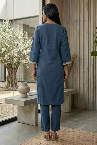 Navy blue floral embroidered cotton blend kurta trouser set