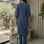 Navy blue floral embroidered cotton blend kurta trouser set