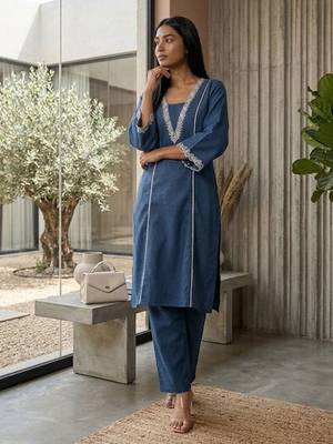 Navy blue floral embroidered cotton blend kurta trouser set 5