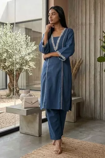 Navy blue floral embroidered cotton blend kurta trouser set