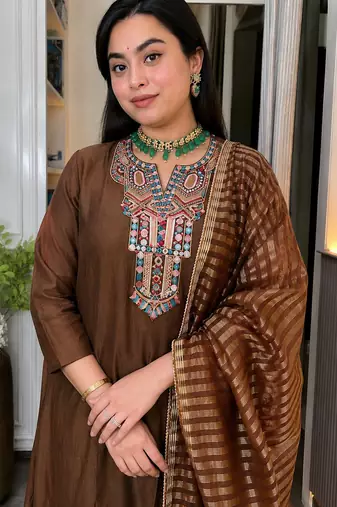 Women's Gorgeous Embroidery Work Mul Chanderi Fabric Straight Kurta Pant and Dupatta Set
