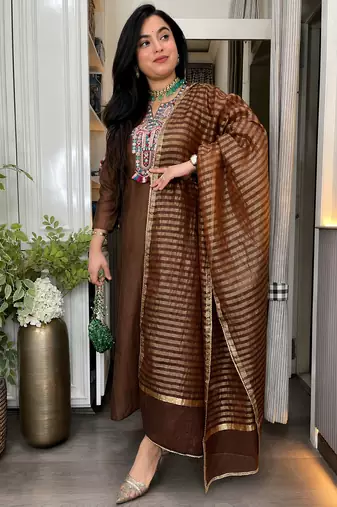 Women's Gorgeous Embroidery Work Mul Chanderi Fabric Straight Kurta Pant and Dupatta Set