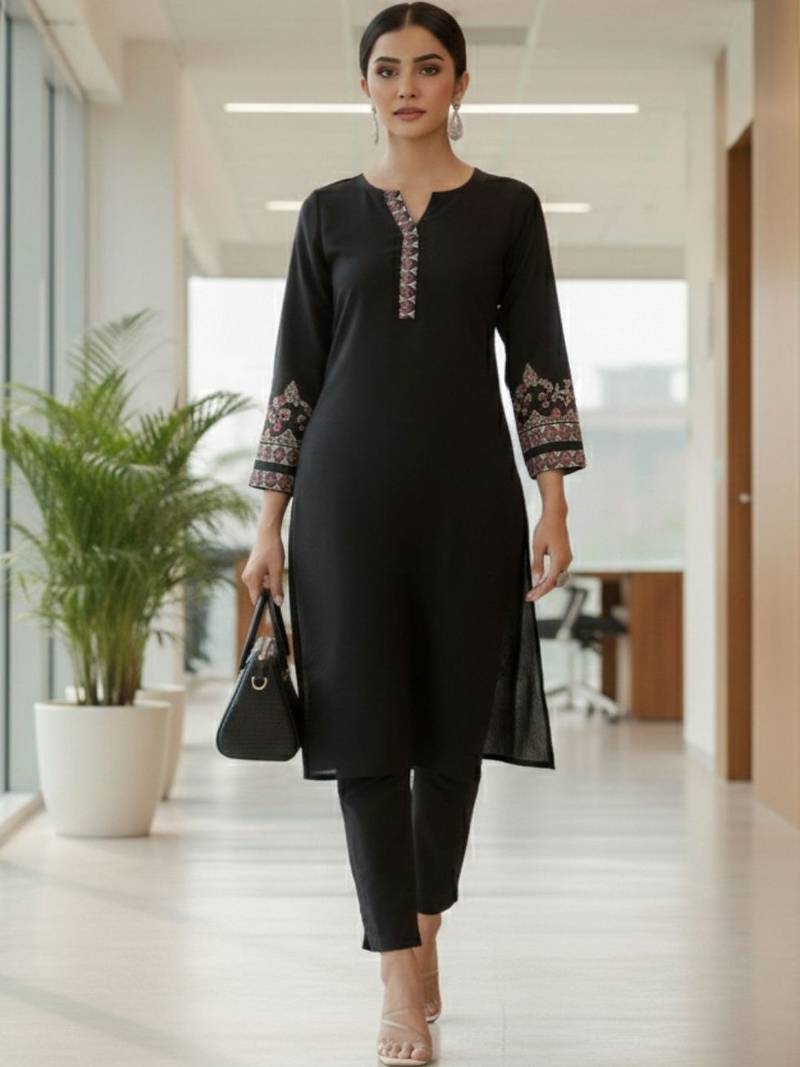 Black floral embroidered cotton blend kurta trouser dupatta set