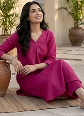 Pink floral printed cotton blend kurta trouser set 1