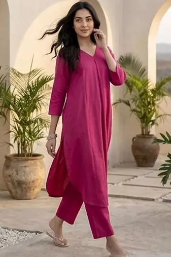 Pink floral printed cotton blend kurta trouser set