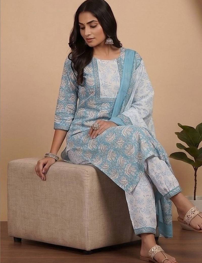 Blue floral printed cotton blend kurta patiala dupatta set
