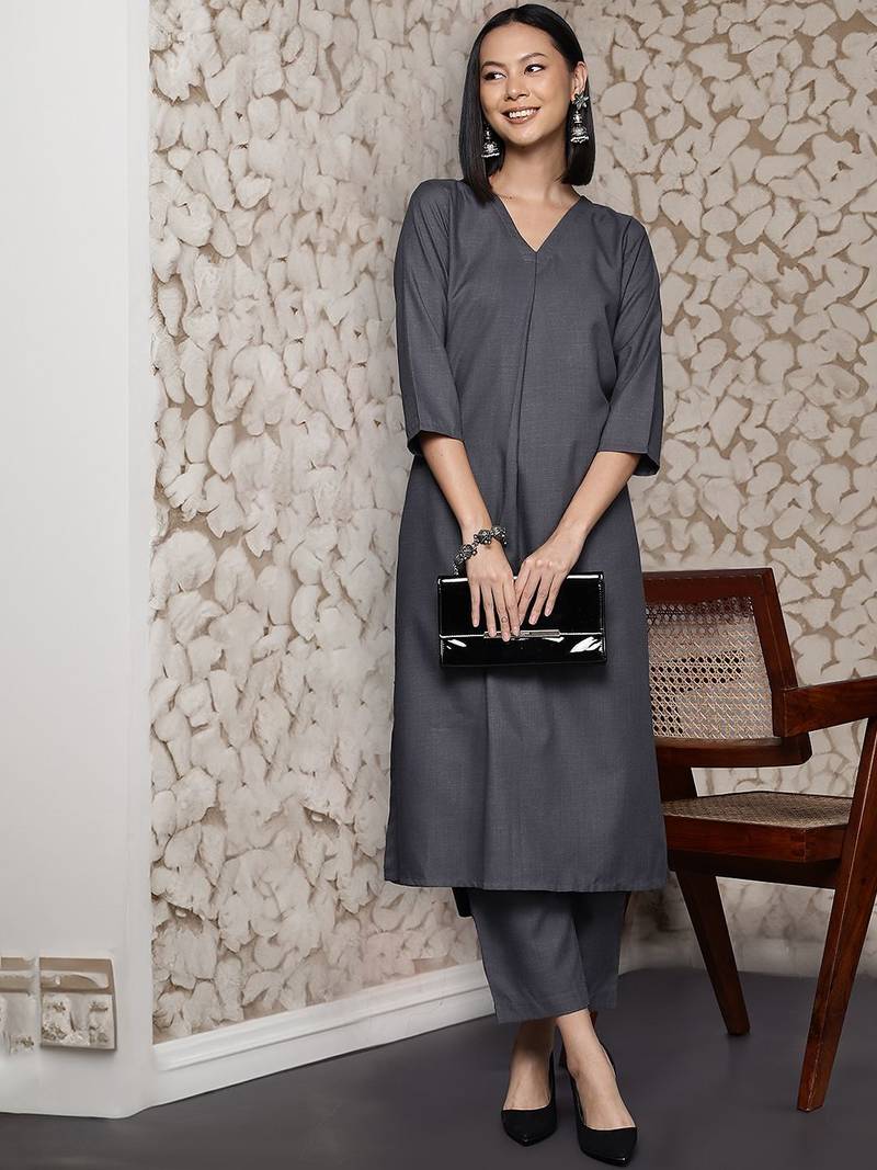 Grey floral printed cotton blend kurta trouser set