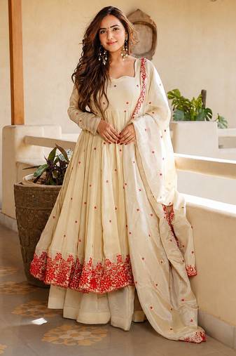 Women's Gorgeous Embroidery Work Mul Chanderi Fabric Flared Anarkali Palazzo and Dupatta Set