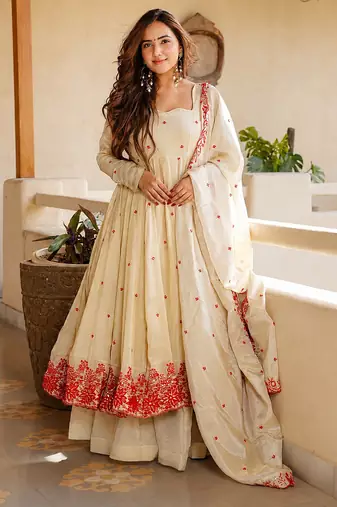 Women's Gorgeous Embroidery Work Mul Chanderi Fabric Flared Anarkali Palazzo and Dupatta Set