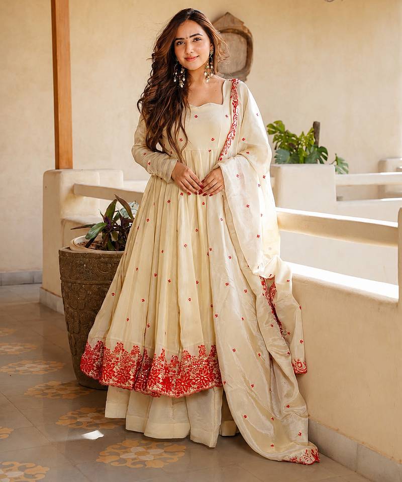 Women's Gorgeous Embroidery Work Mul Chanderi Fabric Flared Anarkali Palazzo and Dupatta Set