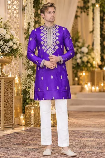 Lavender silk blend embroidered straight kurta