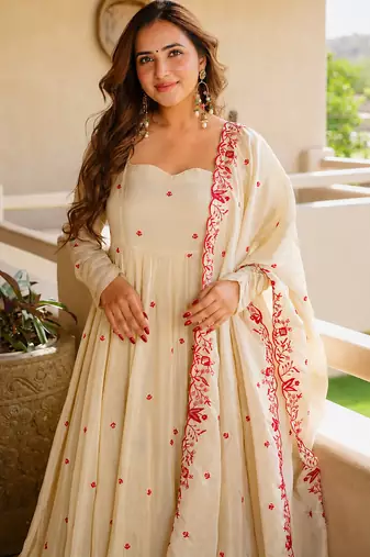 Women's Gorgeous Embroidery Work Mul Chanderi Fabric Flared Anarkali Palazzo and Dupatta Set
