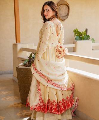 Women's Gorgeous Embroidery Work Mul Chanderi Fabric Flared Anarkali Palazzo and Dupatta Set 3