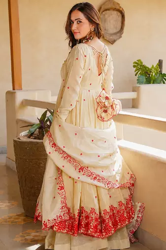 Women's Gorgeous Embroidery Work Mul Chanderi Fabric Flared Anarkali Palazzo and Dupatta Set