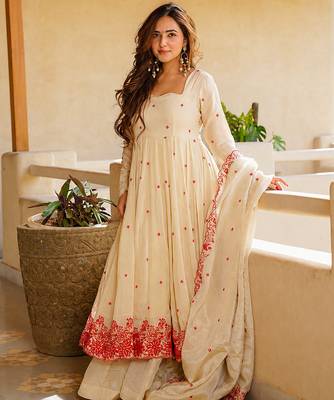 Women's Gorgeous Embroidery Work Mul Chanderi Fabric Flared Anarkali Palazzo and Dupatta Set 4