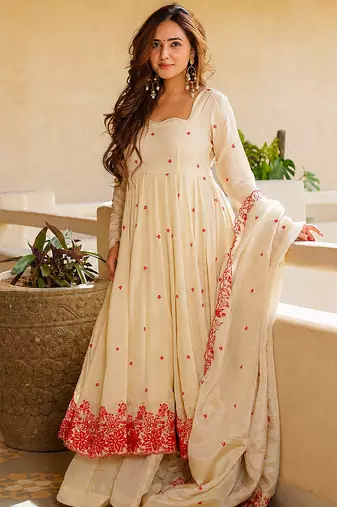 Women's Gorgeous Embroidery Work Mul Chanderi Fabric Flared Anarkali Palazzo and Dupatta Set