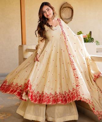 Women's Gorgeous Embroidery Work Mul Chanderi Fabric Flared Anarkali Palazzo and Dupatta Set 5