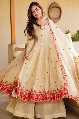 Women's Gorgeous Embroidery Work Mul Chanderi Fabric Flared Anarkali Palazzo and Dupatta Set