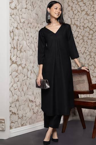 Black floral printed cotton blend kurta trouser set