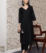 Black floral printed cotton blend kurta trouser set