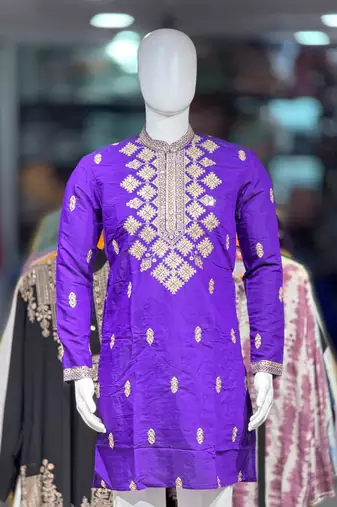 Lavender silk blend embroidered straight kurta