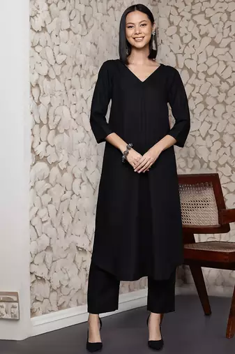 Black floral printed cotton blend kurta trouser set