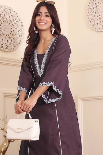 Brown floral embroidered cotton blend kurta trouser set