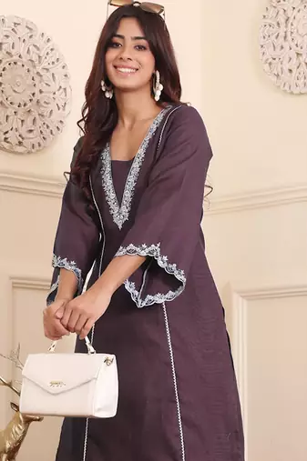 Brown floral embroidered cotton blend kurta trouser set