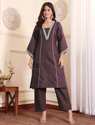 Brown floral embroidered cotton blend kurta trouser set 2