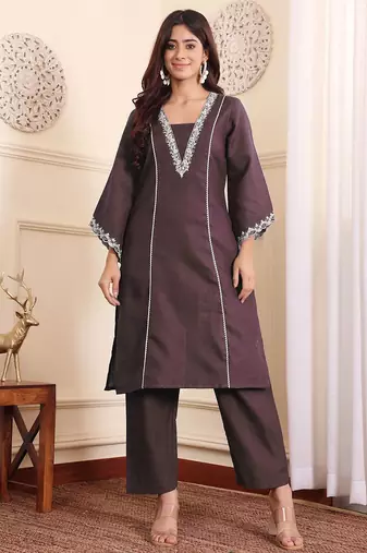 Brown floral embroidered cotton blend kurta trouser set