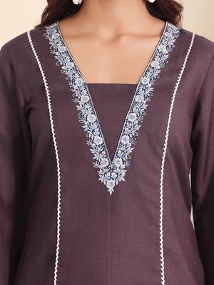 Brown floral embroidered cotton blend kurta trouser set 3