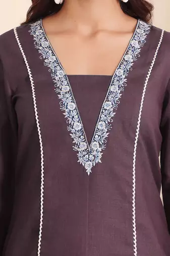 Brown floral embroidered cotton blend kurta trouser set