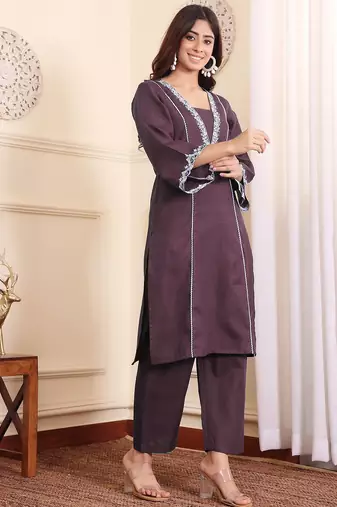 Brown floral embroidered cotton blend kurta trouser set