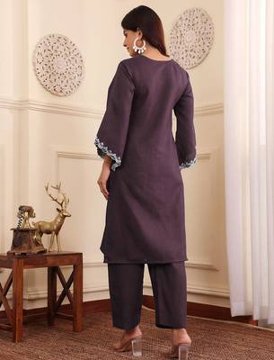 Brown floral embroidered cotton blend kurta trouser set 5