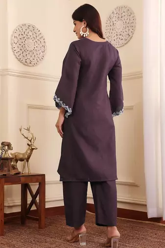 Brown floral embroidered cotton blend kurta trouser set