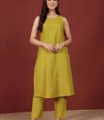 Yellow floral printed cotton blend kurta trouser set