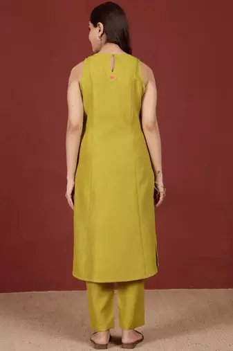 Yellow floral printed cotton blend kurta trouser set