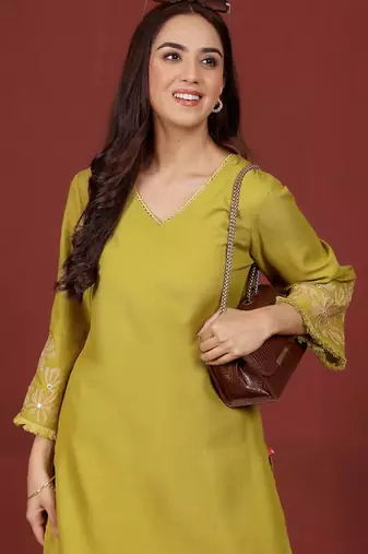 Yellow floral printed cotton blend kurta trouser set
