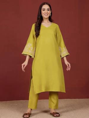 Yellow floral printed cotton blend kurta trouser set 1