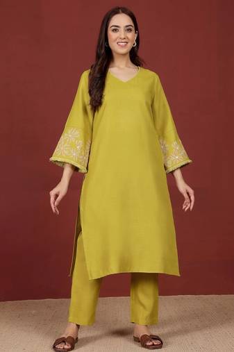 Yellow floral printed cotton blend kurta trouser set